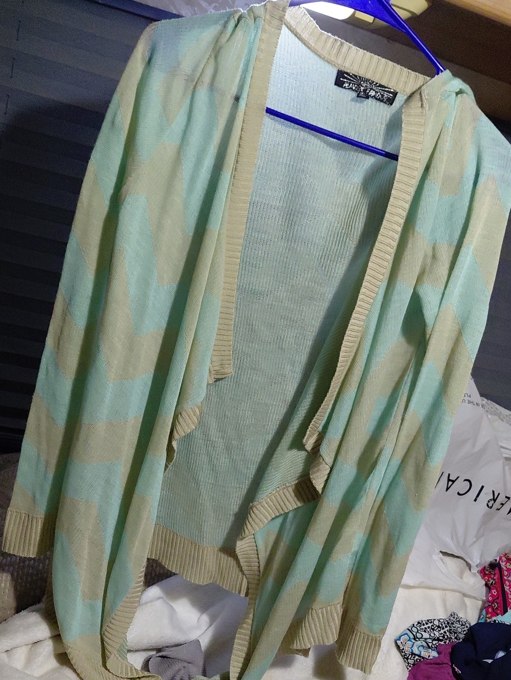 Almost Famous Mint and Beige Chevron Open-Front Cardigan